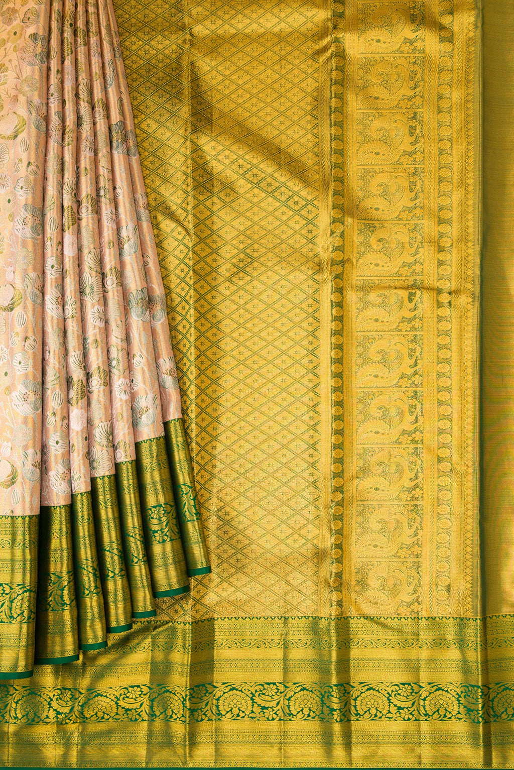 Pleats and pallu of Peach Dual Tone Kanjivaram Tissue Silk Saree with Zari Brocade on the body and Zari Border. 