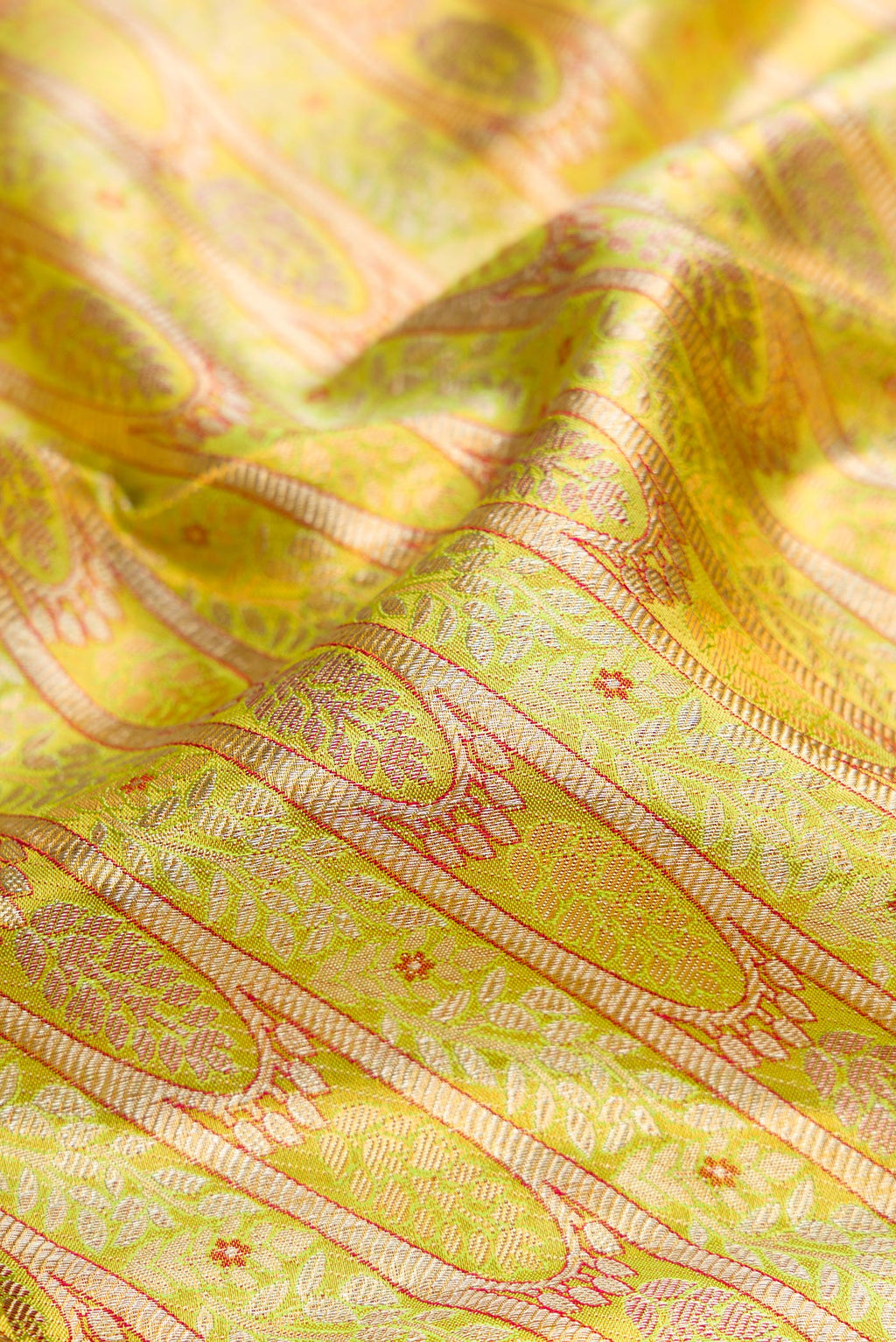 Close up of Green Dual Tone Kanjivaram Tissue Silk Saree with Zari Brocade on the body and Fancy Border.  displaying folds