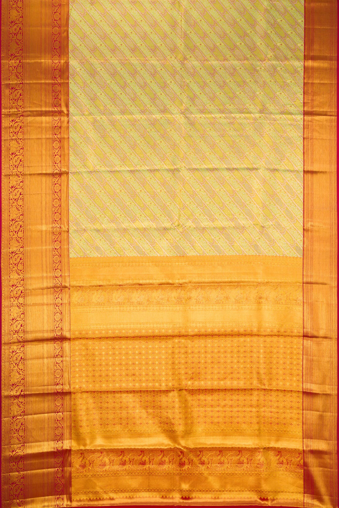 Flat view of Green Dual Tone Kanjivaram Tissue Silk Saree with Zari Brocade on the body and Fancy Border. 