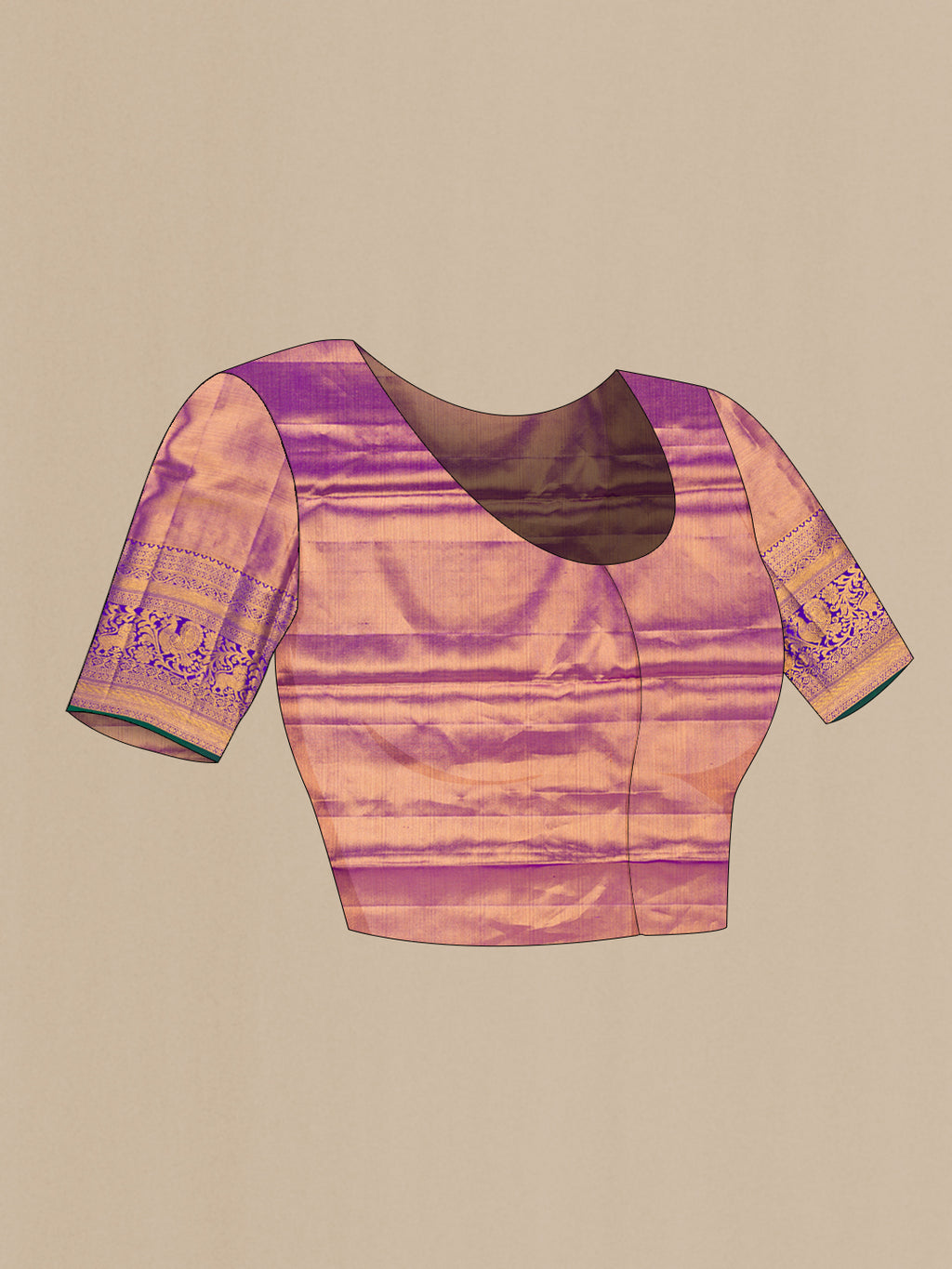 Close up image of the blouse of Golden Peach Dual Tone Kanjivaram Tissue Silk Saree with Zari Brocade on the body and Zari Border. 