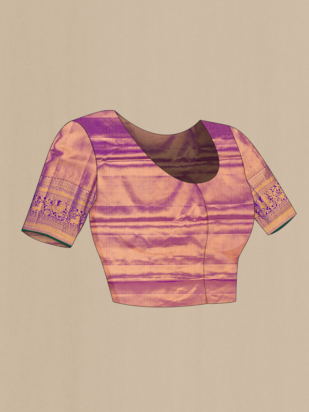 Close up image of the blouse of Golden Peach Dual Tone Kanjivaram Tissue Silk Saree with Zari Brocade on the body and Zari Border. 
