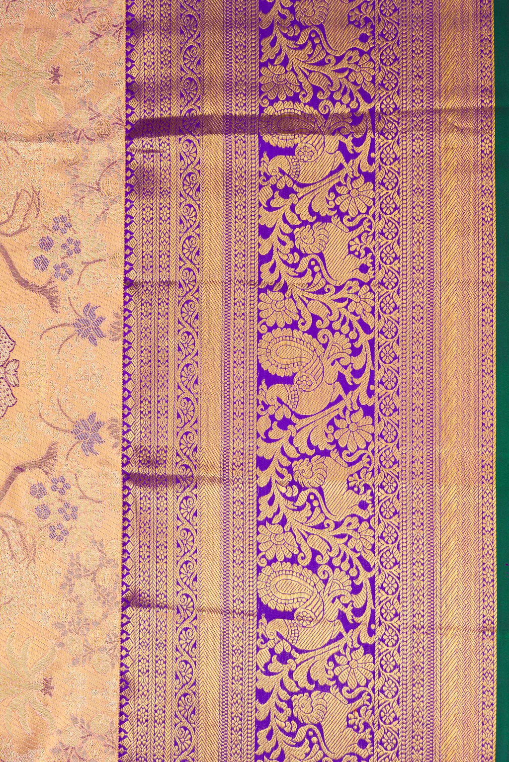 Border image of Golden Peach Dual Tone Kanjivaram Tissue Silk Saree with Zari Brocade on the body and Zari Border. 