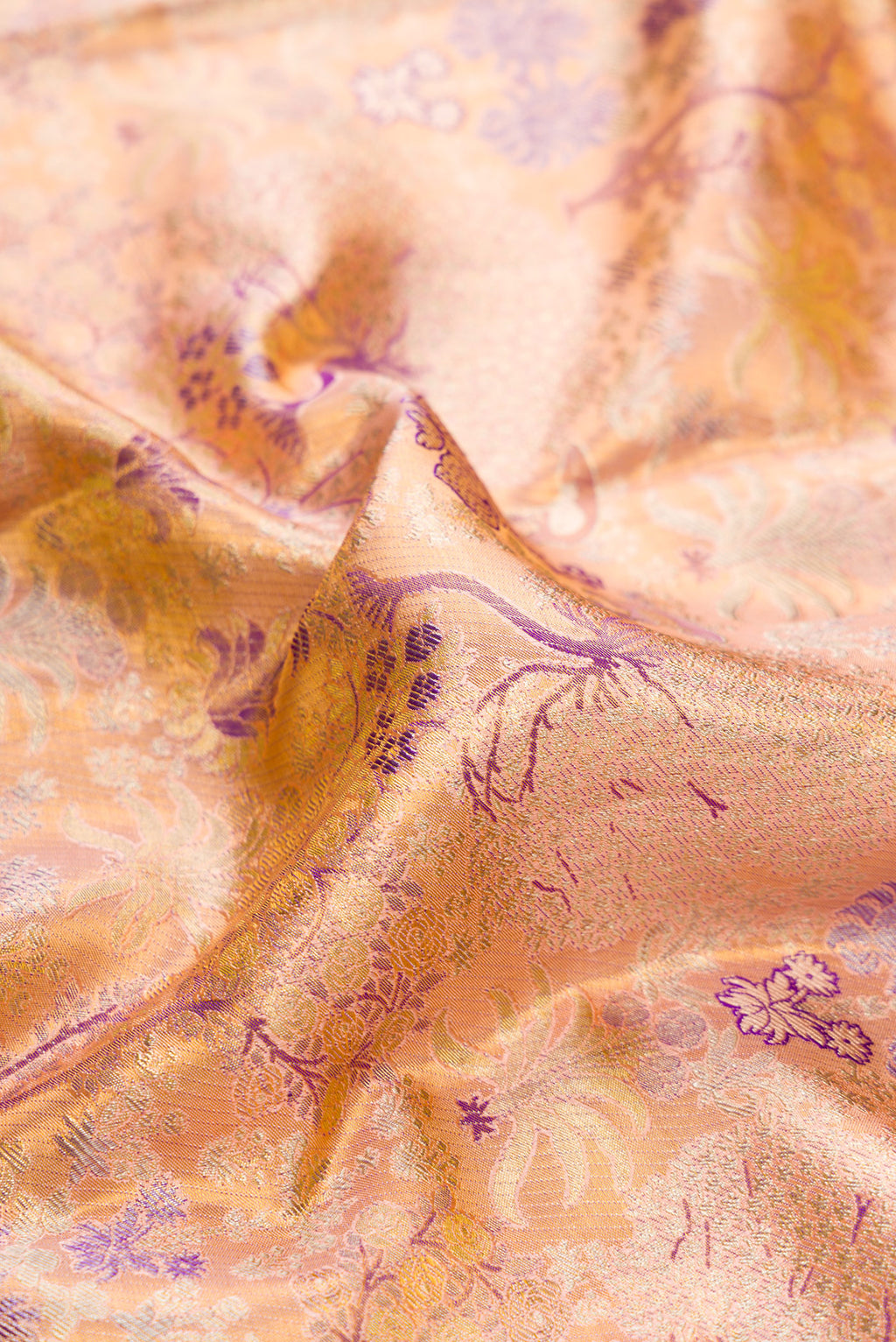 Close up of Golden Peach Dual Tone Kanjivaram Tissue Silk Saree with Zari Brocade on the body and Zari Border.  displaying folds