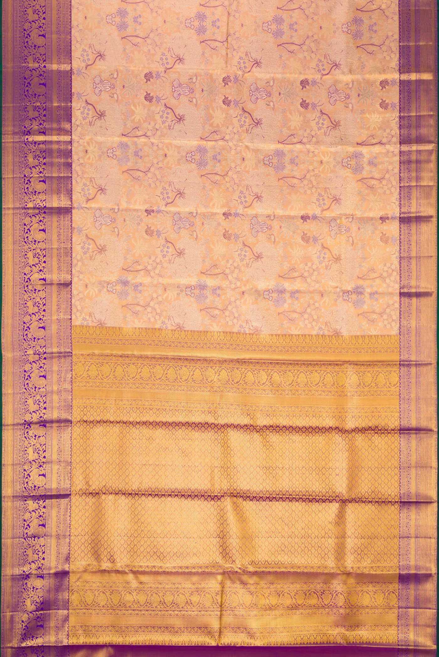 Flat view of Golden Peach Dual Tone Kanjivaram Tissue Silk Saree with Zari Brocade on the body and Zari Border. 