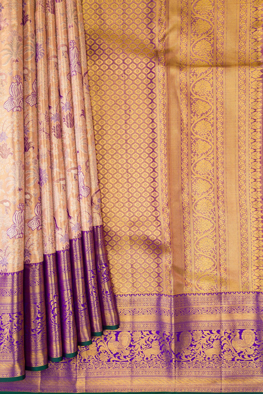 Pleats and pallu of Golden Peach Dual Tone Kanjivaram Tissue Silk Saree with Zari Brocade on the body and Zari Border. 