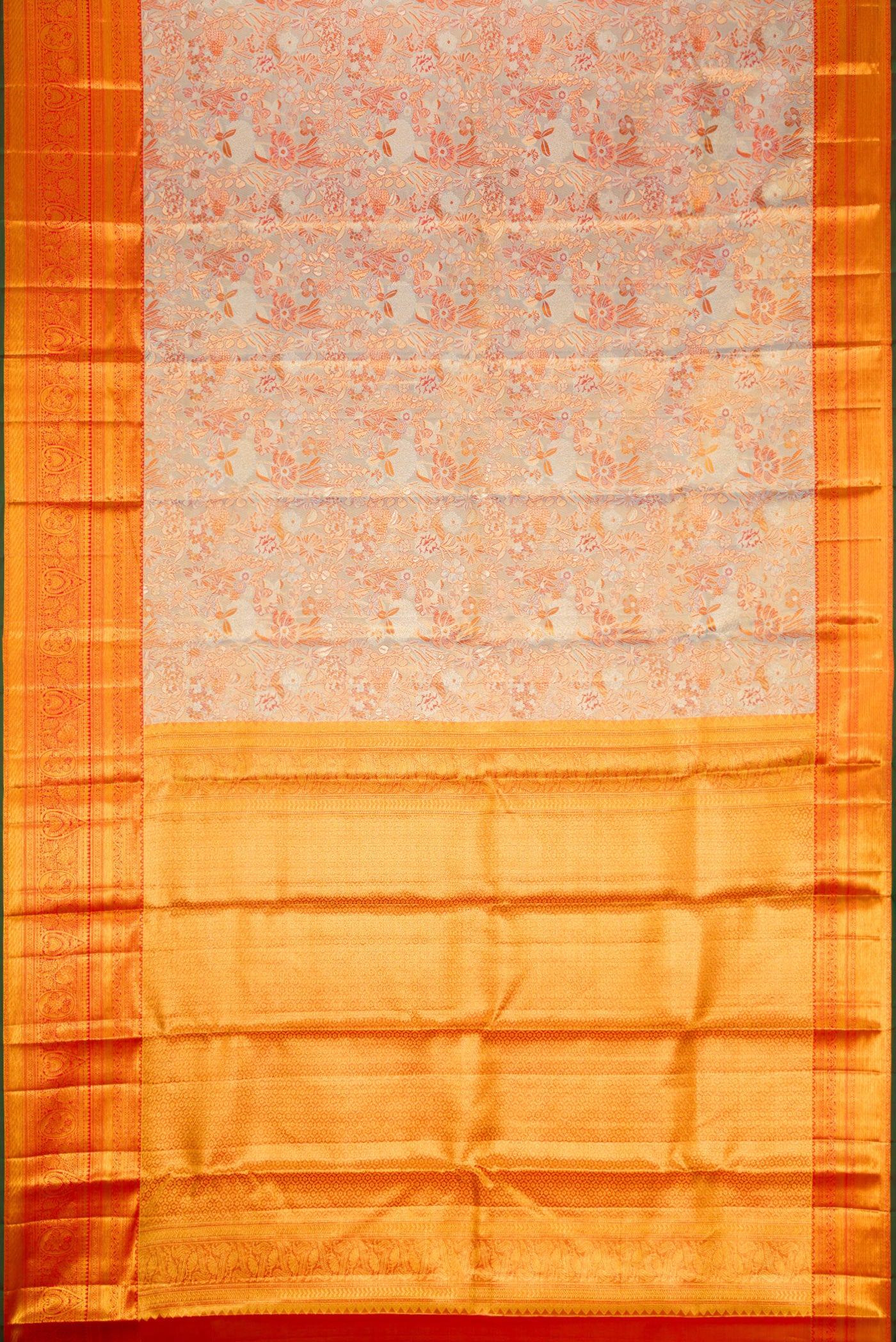 Flat view of Light Blue Dual Tone Kanjivaram Tissue Silk Saree with Zari Brocade on the body and Zari Border. 
