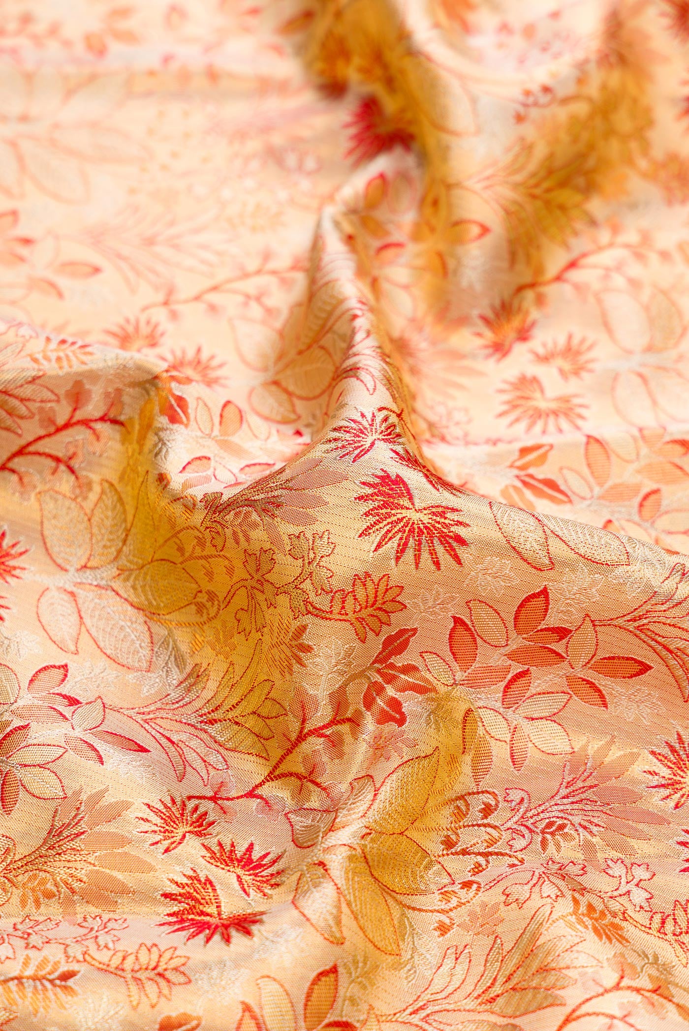 Close up of Gold Dual Tone Kanjivaram Tissue Silk Saree with Zari Brocade on the body and Zari Border.  displaying folds