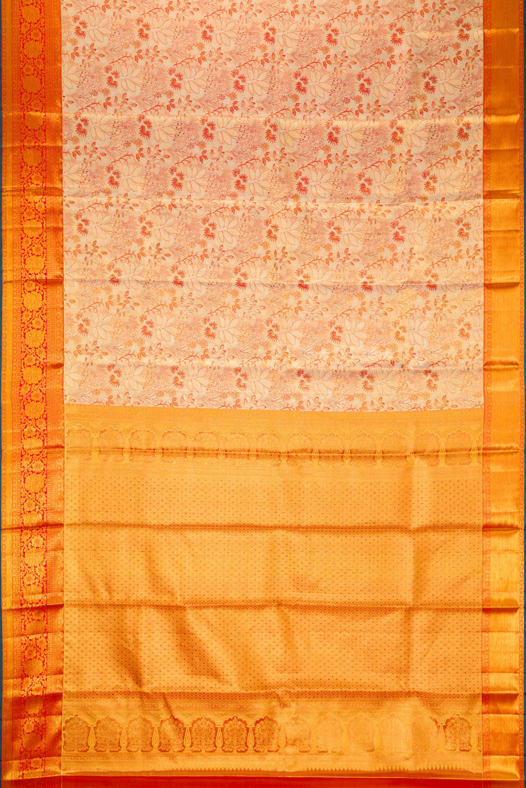 Flat view of Gold Dual Tone Kanjivaram Tissue Silk Saree with Zari Brocade on the body and Zari Border. 