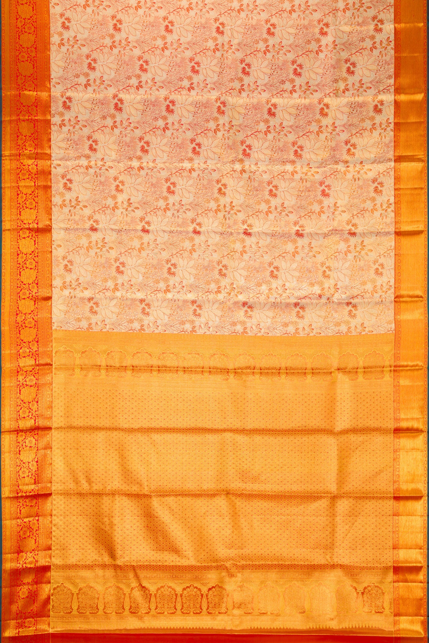 Flat view of Gold Dual Tone Kanjivaram Tissue Silk Saree with Zari Brocade on the body and Zari Border. 