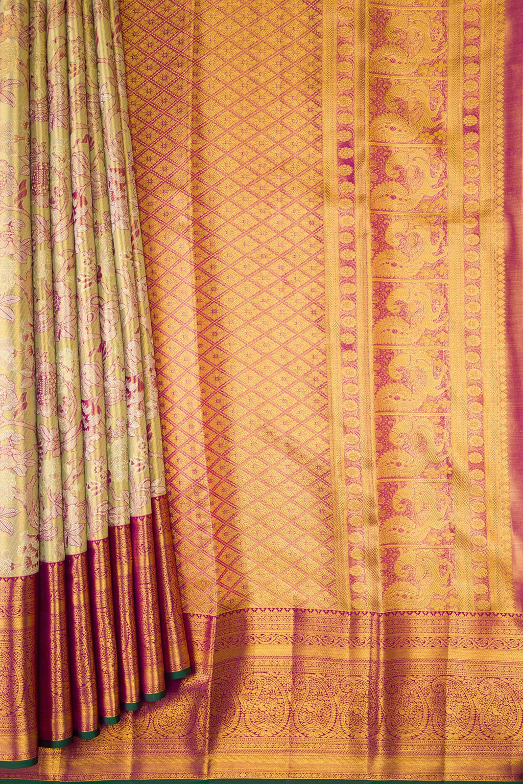 Pleats and pallu of Pista Green Dual Tone Kanjivaram Tissue Silk Saree with Zari Brocade on the body and Zari Border. 