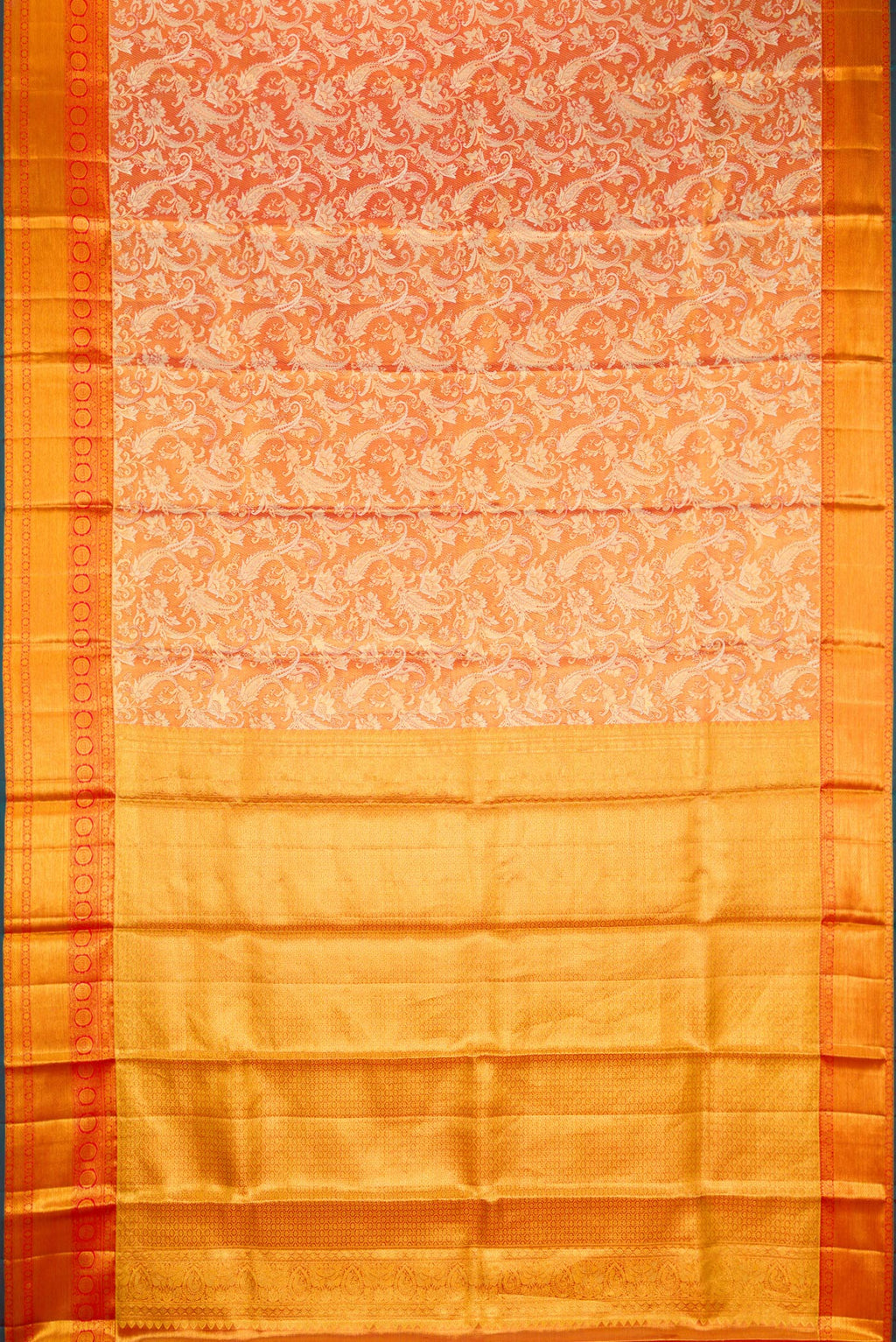Flat view of Orange Dual Tone Kanjivaram Tissue Silk Saree with Zari Brocade on the body and Fancy Border. 