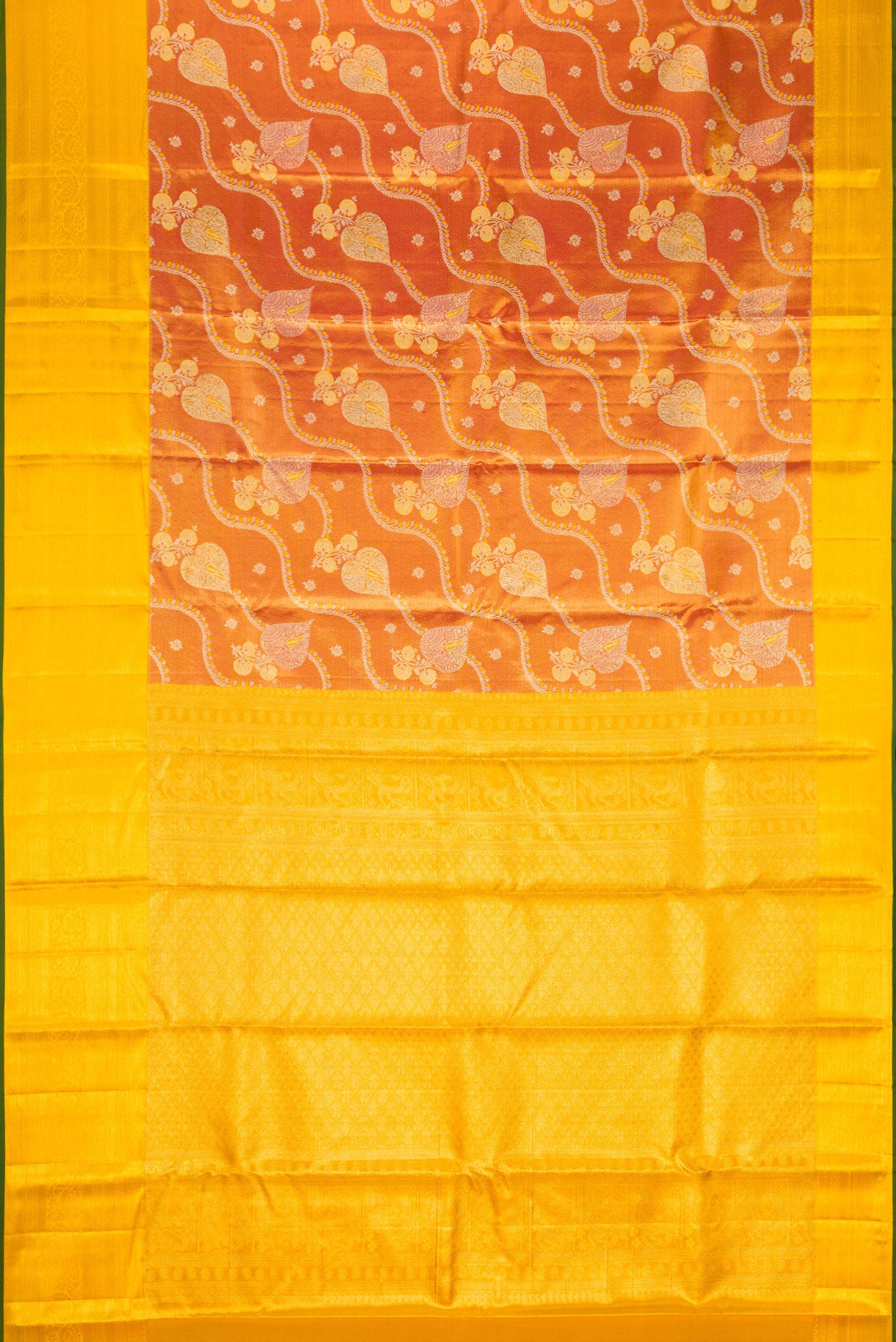 Flat view of Red Dual Tone Kanjivaram Tissue Silk Saree with Zari Brocade on the body and Zari Border. 