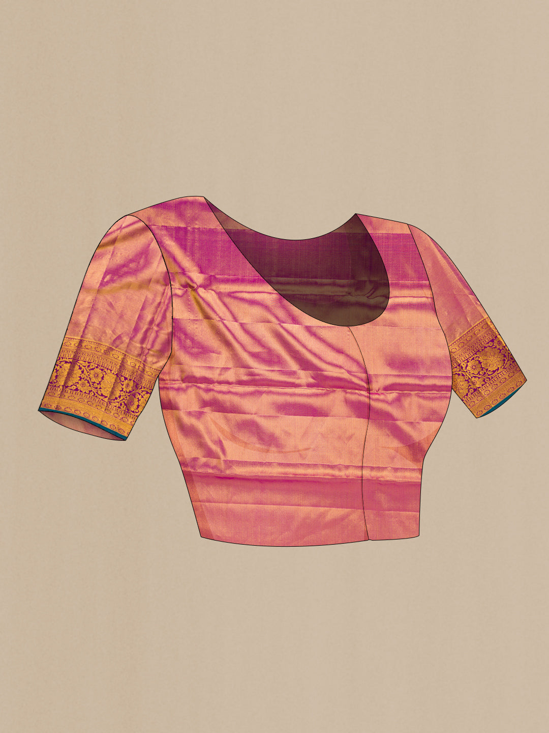 Close up image of the blouse of Gold Dual Tone Kanjivaram Tissue Silk Saree with Zari Brocade on the body and Zari Border. 
