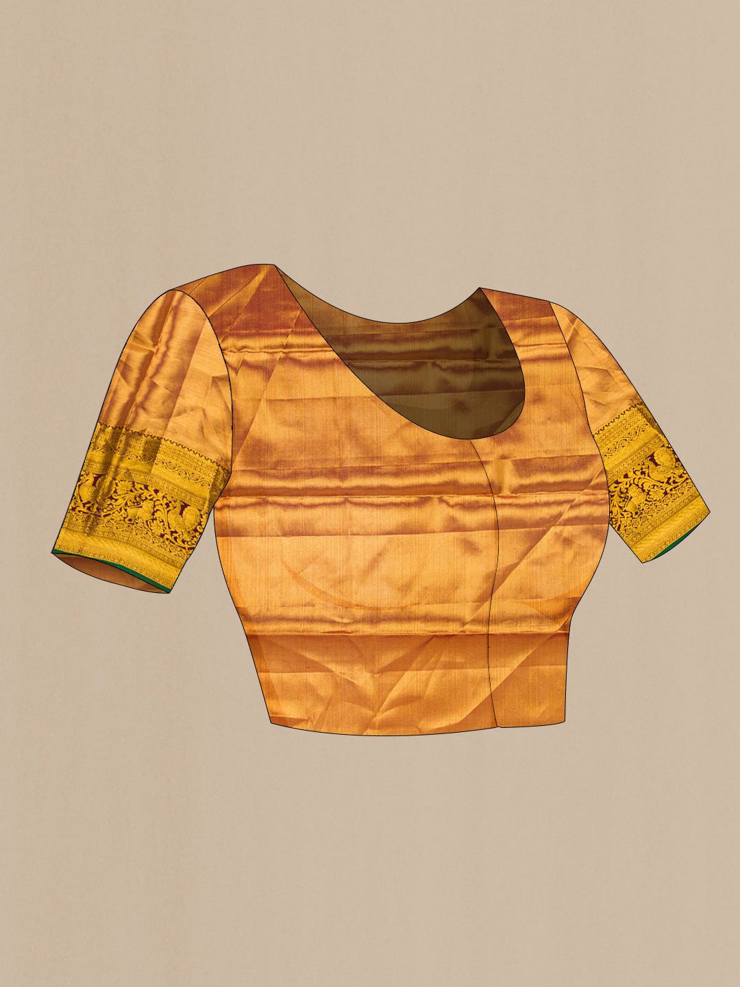 Close up image of the blouse of Gold Dual Tone Kanjivaram Tissue Silk Saree with Zari Brocade on the body and Zari Border. 