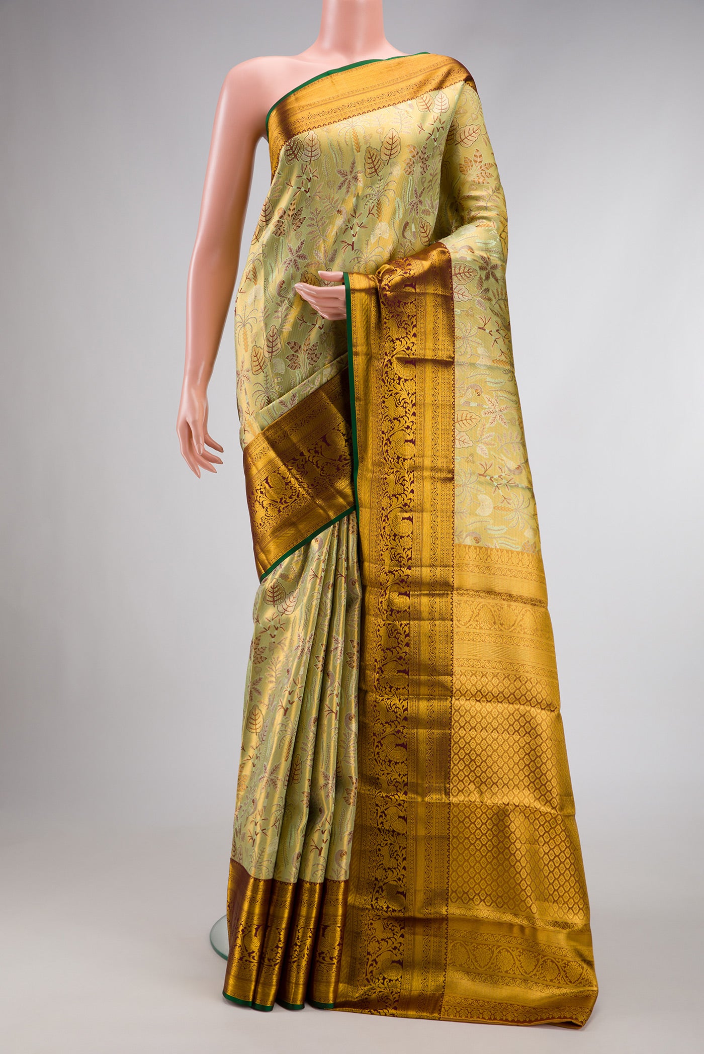 Gold Dual Tone Kanjivaram Tissue Silk Saree with Zari Brocade on the body and Zari Border.  displayed on a mannequin
