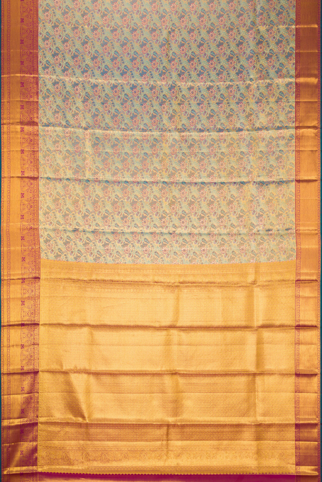 Flat view of Gold Dual Tone Kanjivaram Tissue Silk Saree with Zari Brocade on the body and Zari Border. 