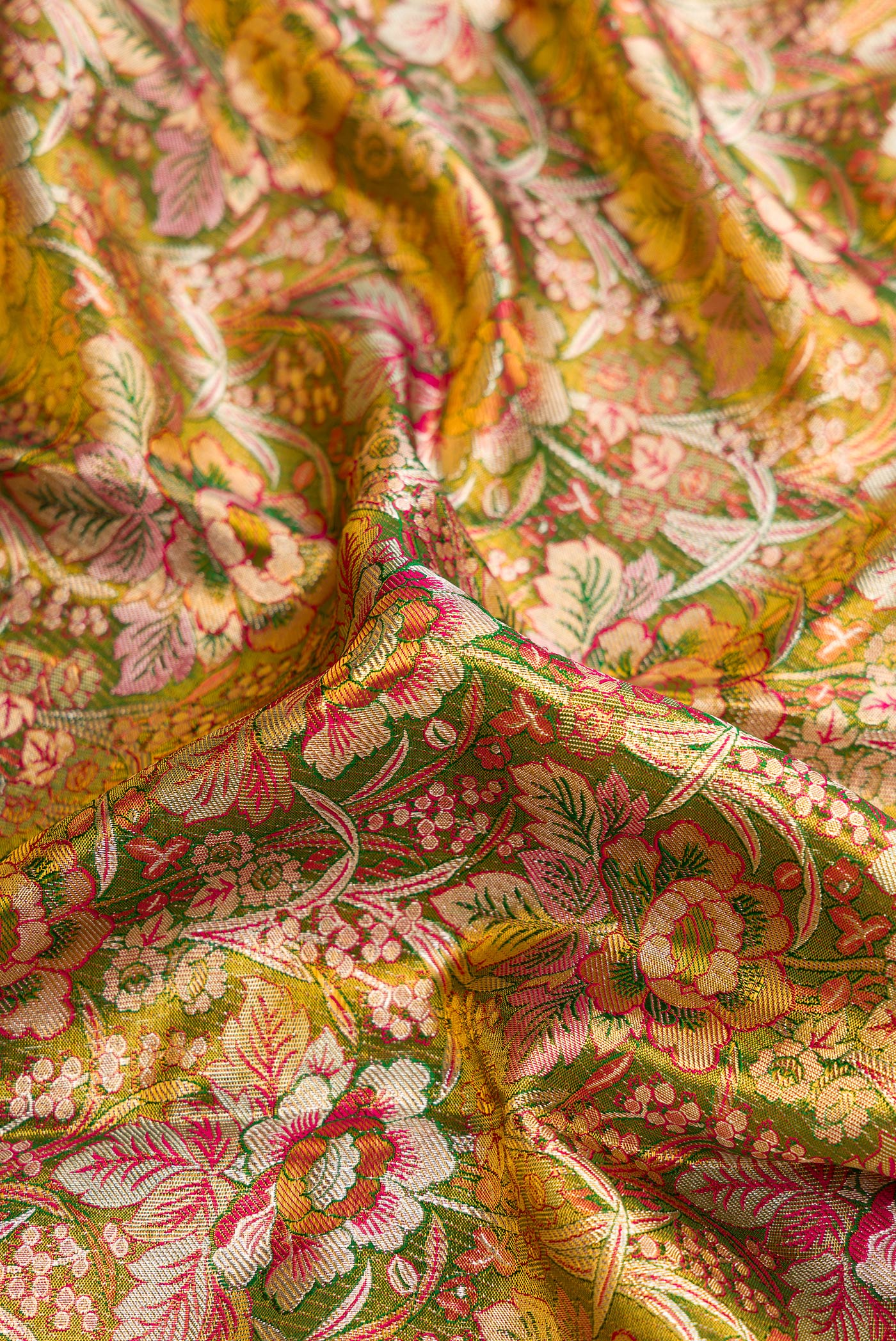Close up of Mehandi Green Dual Tone Kanjivaram Tissue Silk Saree with Zari Brocade on the body and Zari Border.  displaying folds