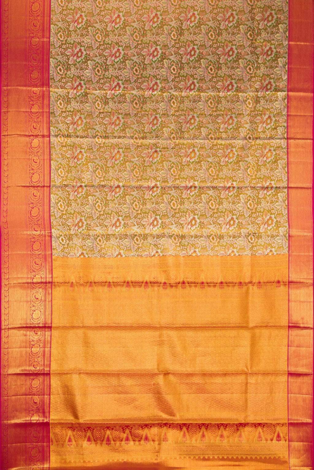 Flat view of Mehandi Green Dual Tone Kanjivaram Tissue Silk Saree with Zari Brocade on the body and Zari Border. 