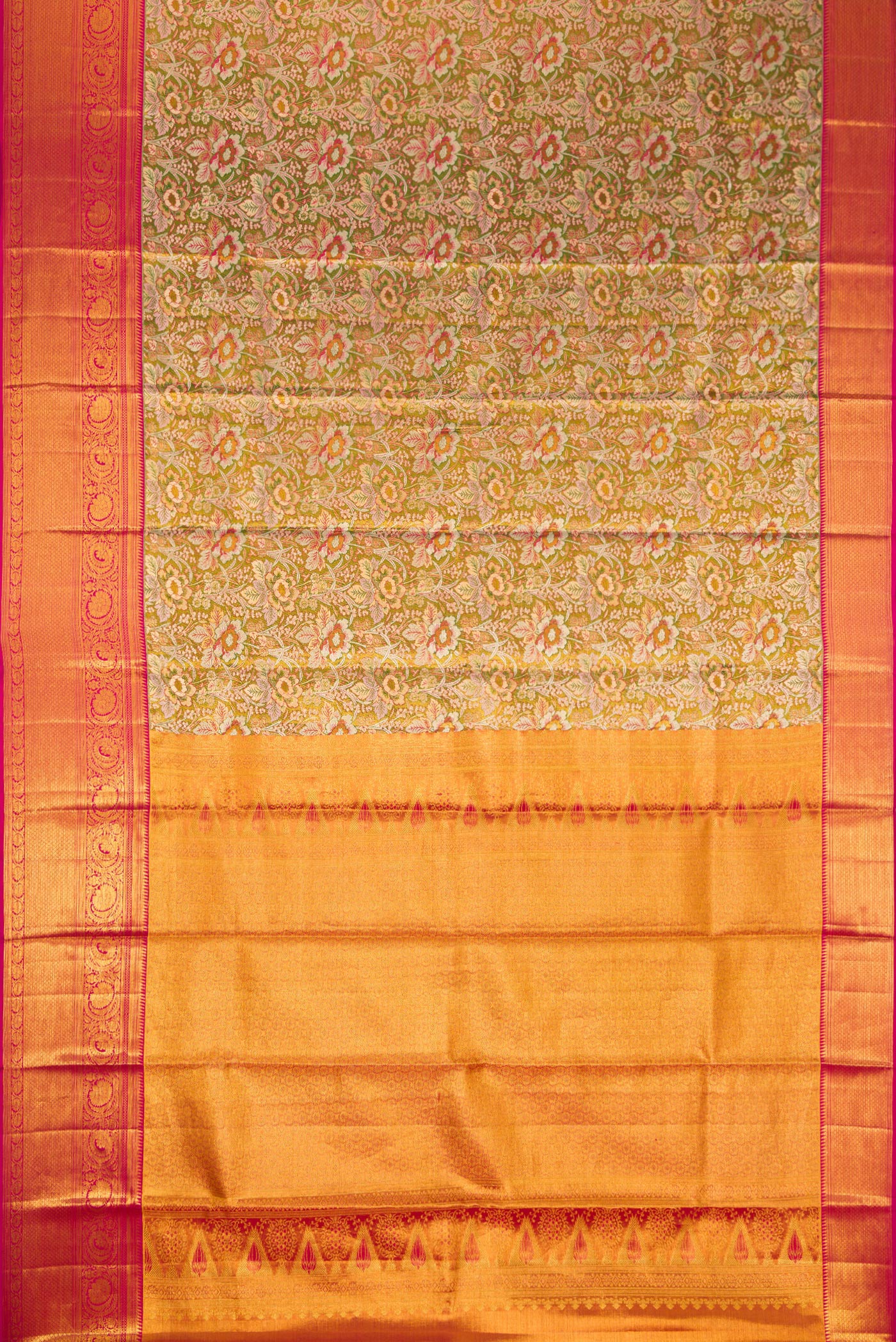 Flat view of Mehandi Green Dual Tone Kanjivaram Tissue Silk Saree with Zari Brocade on the body and Zari Border. 