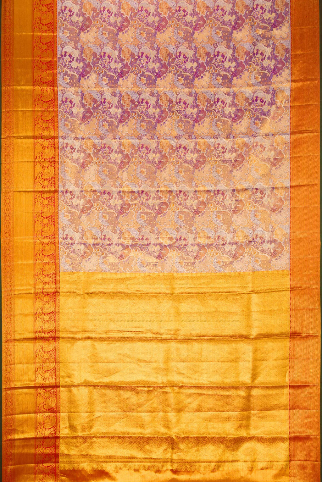 Flat view of Lavender Dual Tone Kanjivaram Tissue Silk Saree with Zari Brocade on the body and Zari Border. 