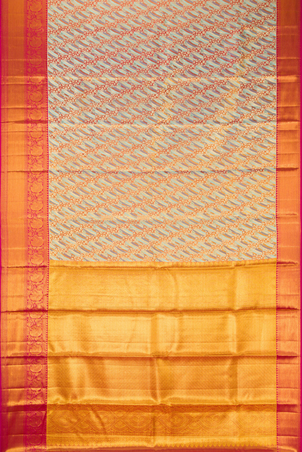 Flat view of Sky Blue Dual Tone Kanjivaram Tissue Silk Saree with Zari Brocade on the body and Zari Border. 