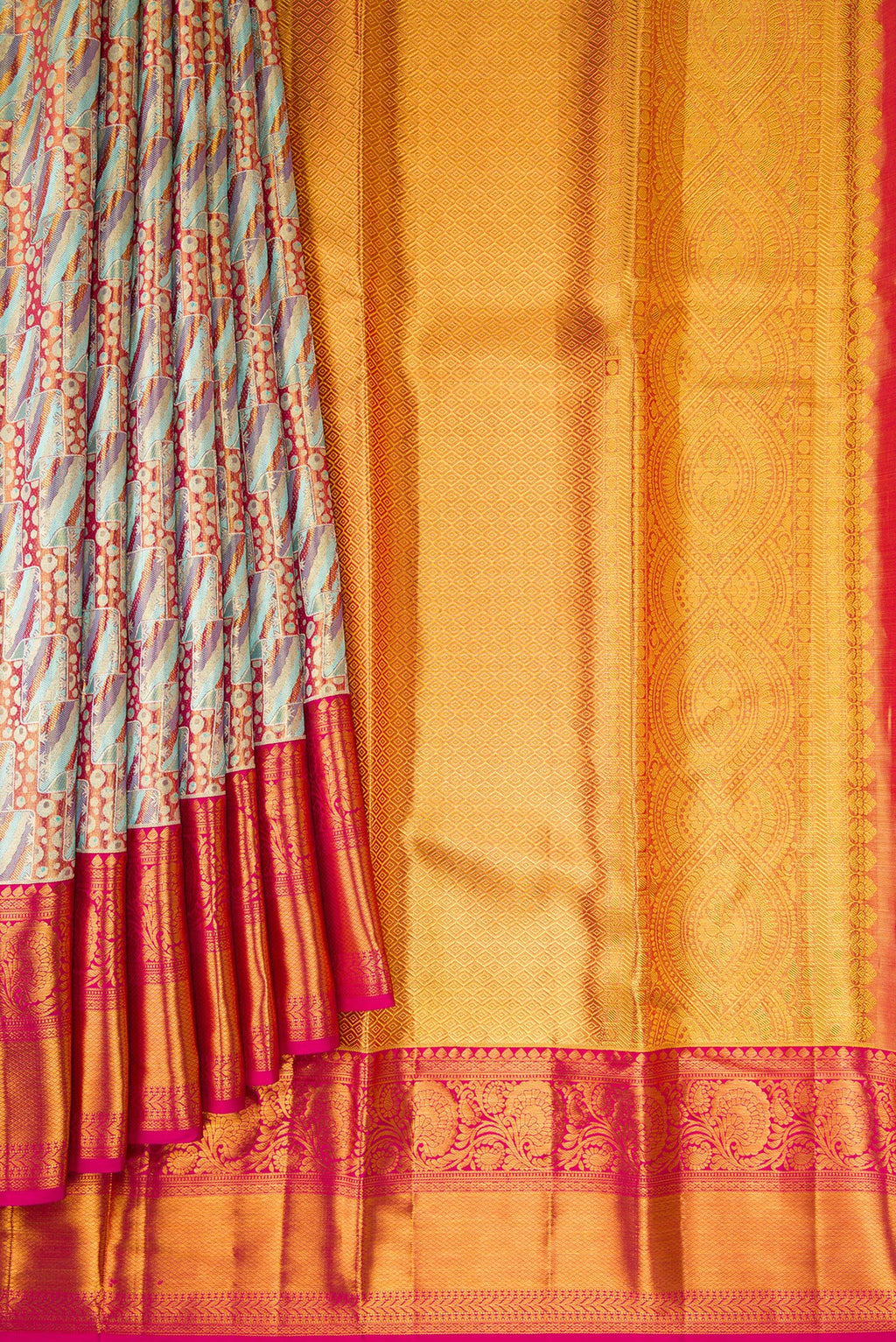 Pleats and pallu of Sky Blue Dual Tone Kanjivaram Tissue Silk Saree with Zari Brocade on the body and Zari Border. 