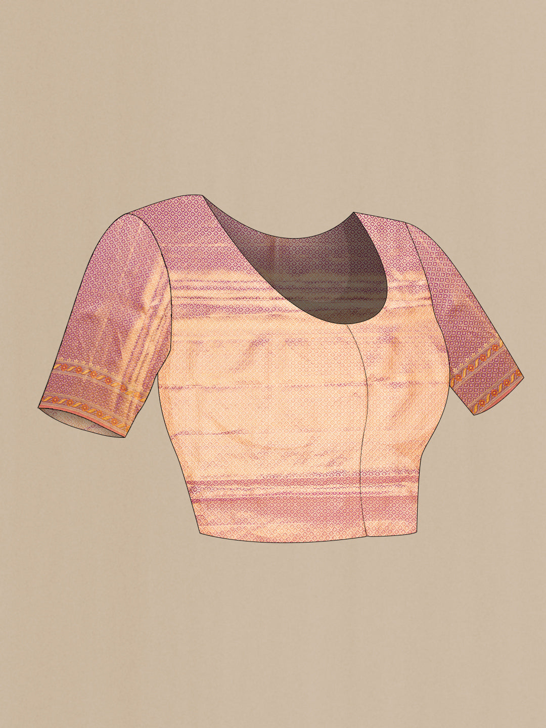 Close up image of the blouse of Golden Peach Dual Tone Kanjivaram Tissue Silk Saree with Zari Brocade on the body and Fancy Border. 