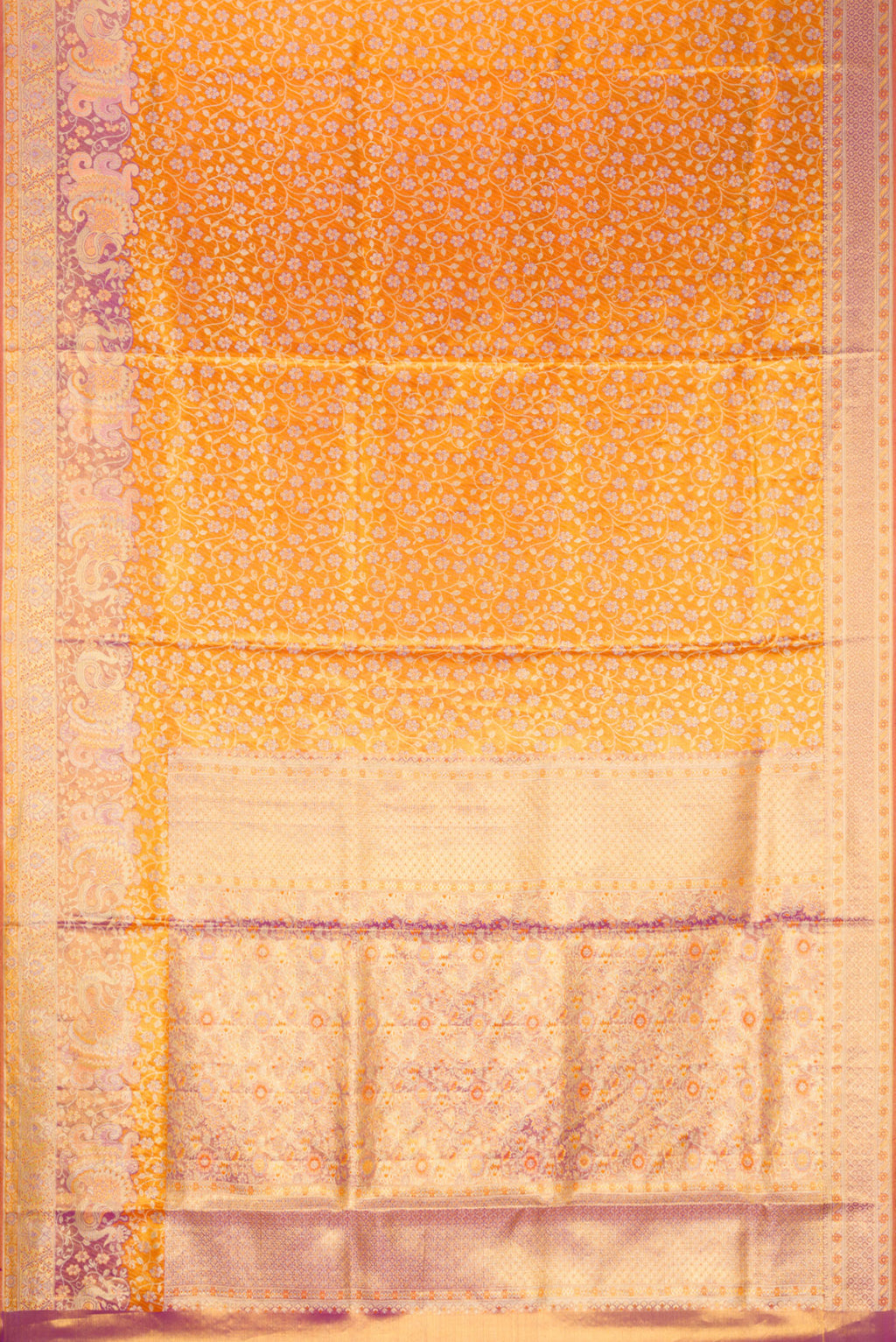 Flat view of Golden Peach Dual Tone Kanjivaram Tissue Silk Saree with Zari Brocade on the body and Fancy Border. 