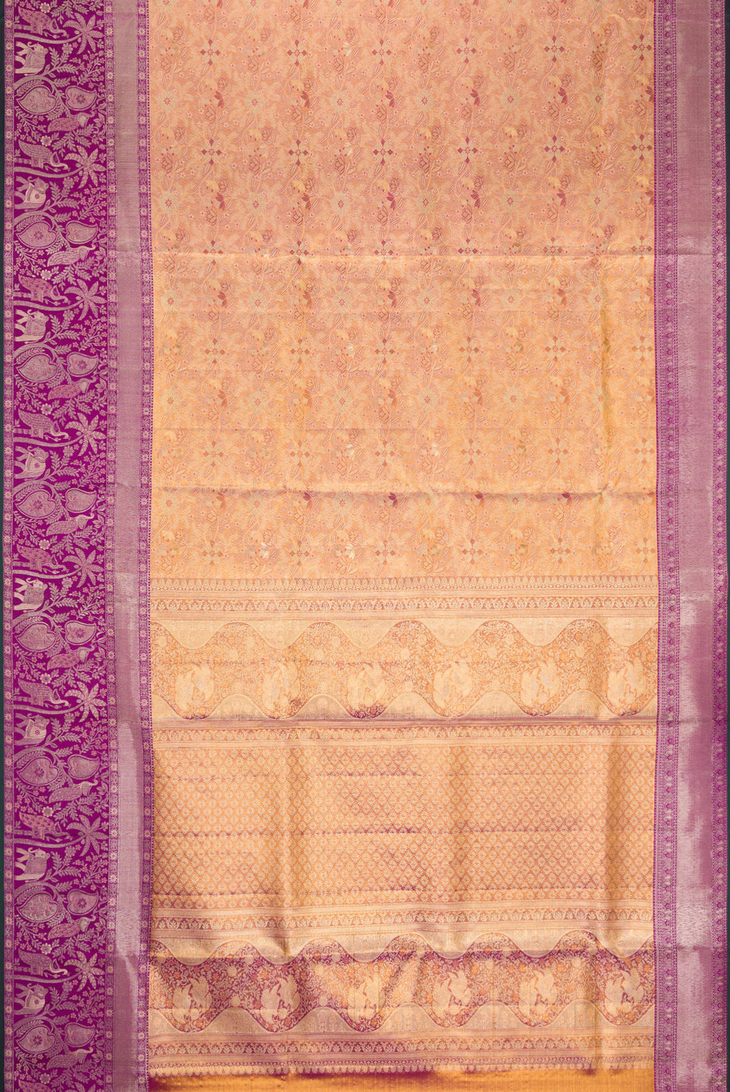 Flat view of Gold Dual Tone Kanjivaram Tissue Silk Saree with Zari Brocade on the body and Zari Border. 