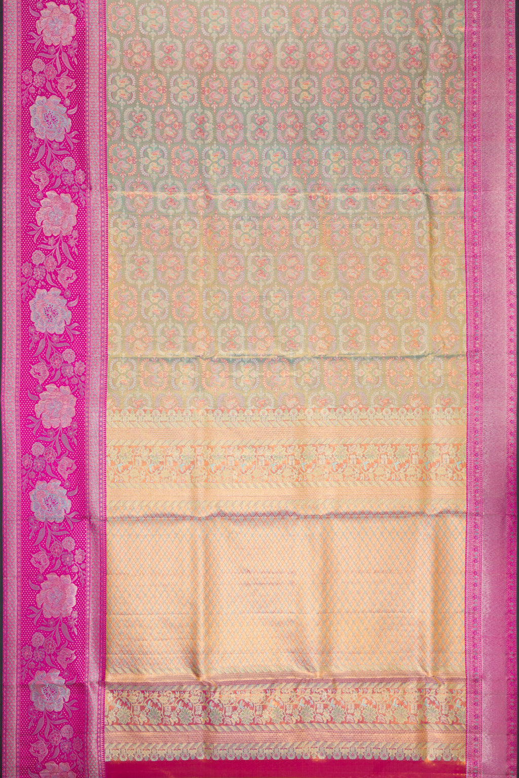 Flat view of Sea Green Dual Tone Kanjivaram Tissue Silk Saree with Zari Brocade on the body and Fancy Border. 