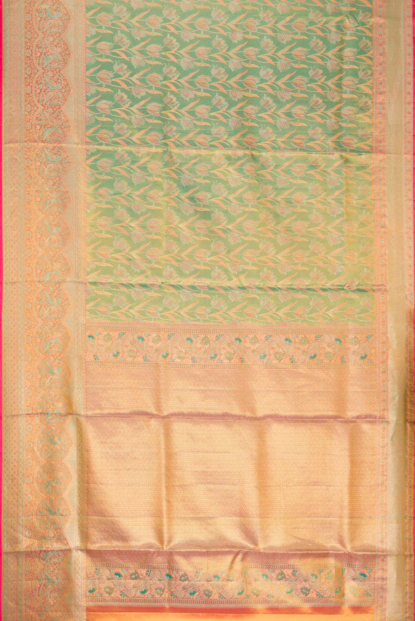 Flat view of Green Dual Tone Kanjivaram Tissue Silk Saree with Zari Brocade on the body and Fancy Border. 