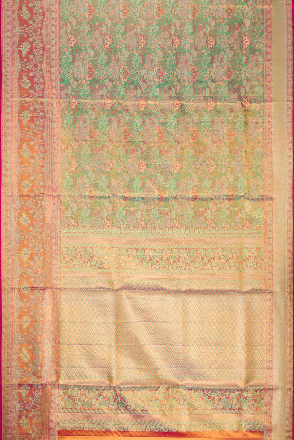 Flat view of Sea Green Dual Tone Kanjivaram Tissue Silk Saree with Zari Brocade on the body and Fancy Border. 