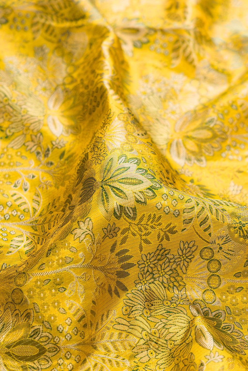 Close up of Green Dual Tone Kanjivaram Tissue Silk Saree with Zari Brocade on the body and Zari Border.  displaying folds