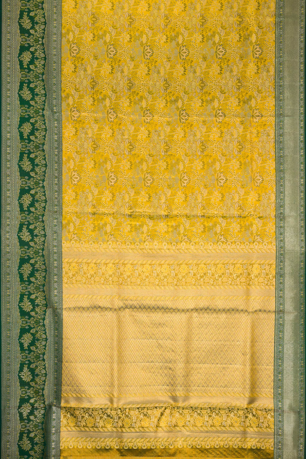 Flat view of Green Dual Tone Kanjivaram Tissue Silk Saree with Zari Brocade on the body and Zari Border. 