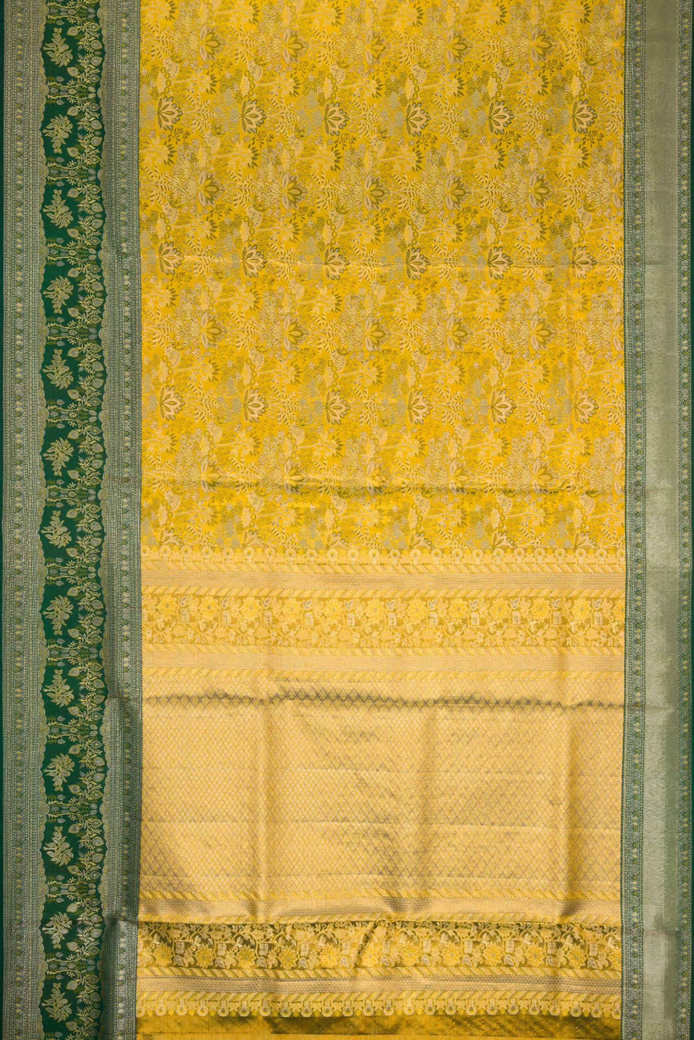 Flat view of Green Dual Tone Kanjivaram Tissue Silk Saree with Zari Brocade on the body and Zari Border. 
