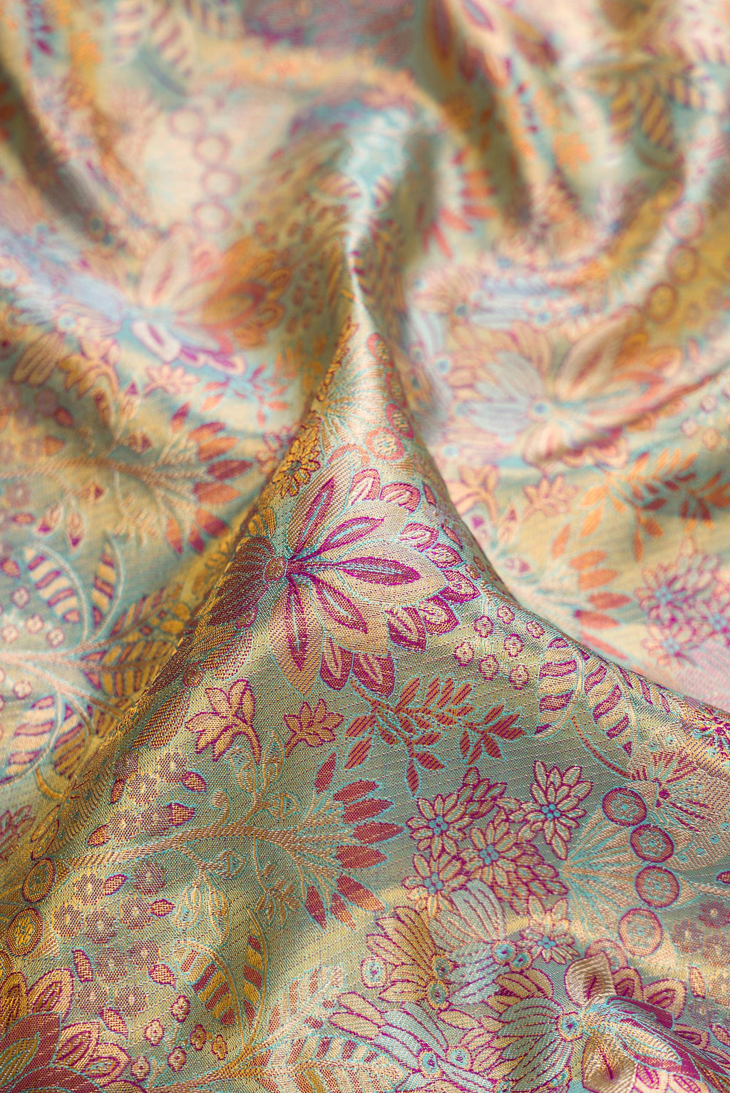 Close up of Gold Dual Tone Kanjivaram Tissue Silk Saree with Zari Brocade on the body and Zari Border.  displaying folds