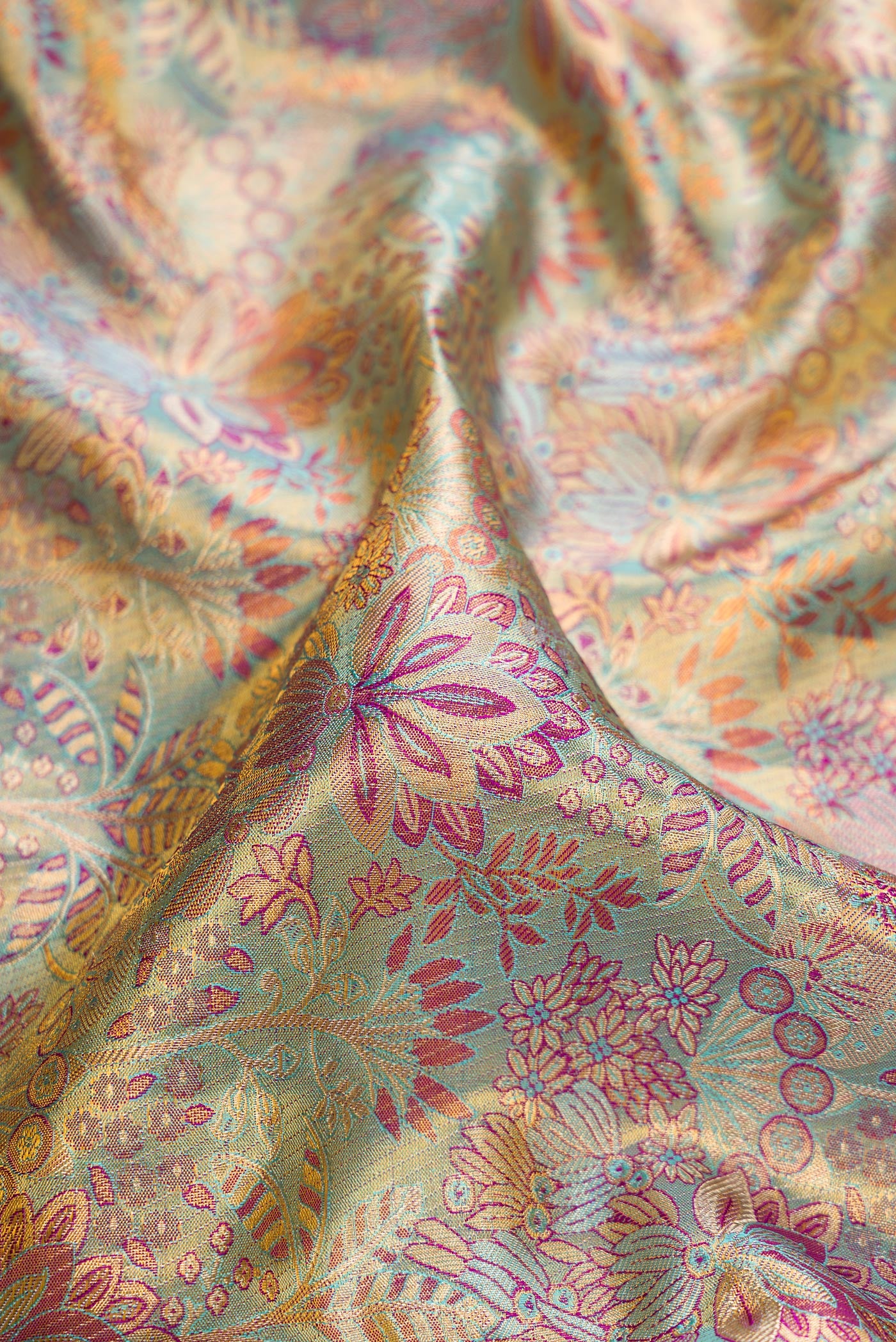Close up of Gold Dual Tone Kanjivaram Tissue Silk Saree with Zari Brocade on the body and Zari Border.  displaying folds