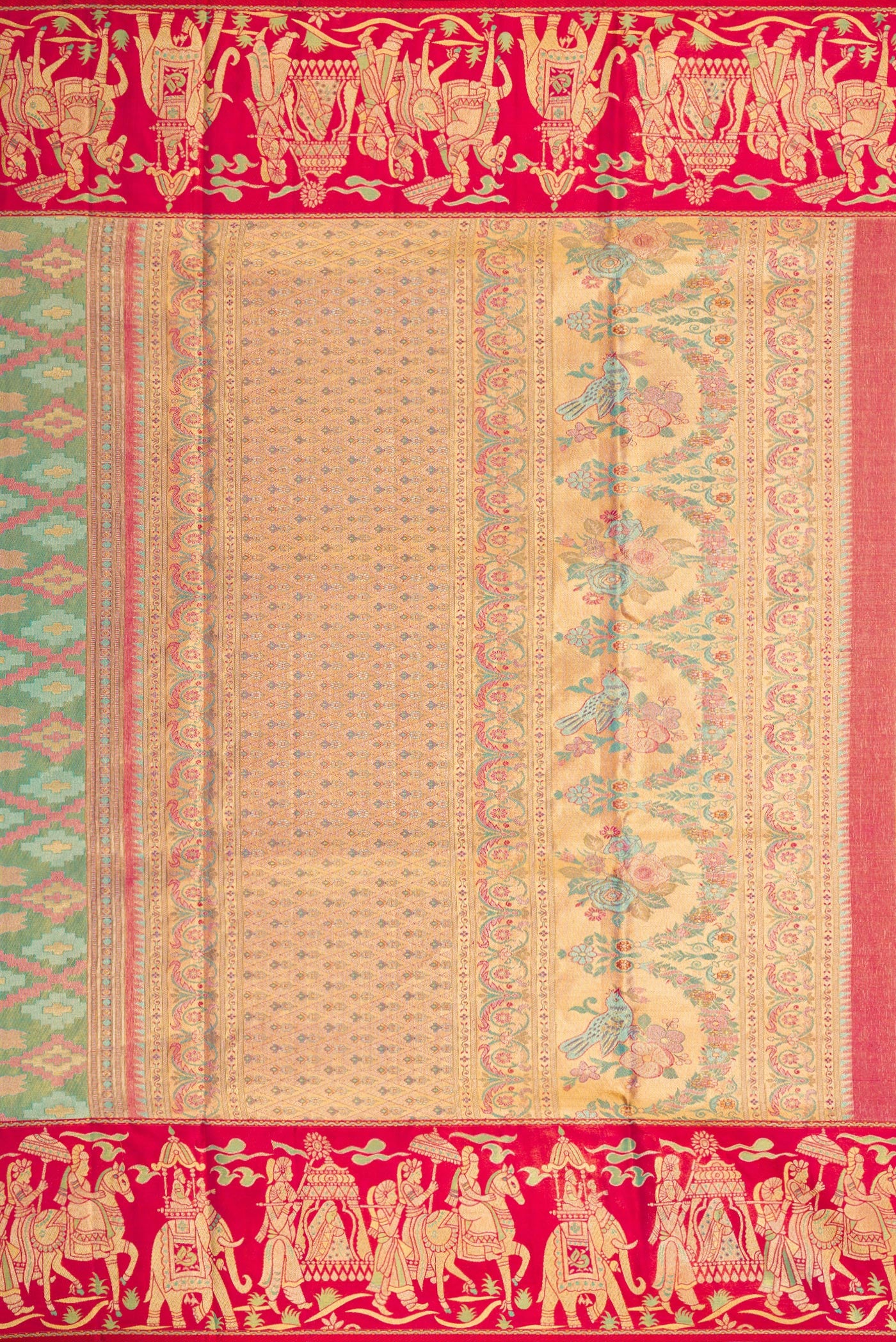 Close up image of the pallu of Sea Green Dual Tone Kanjivaram Tissue Silk Saree with Zari Brocade on the body and Fancy Border. 