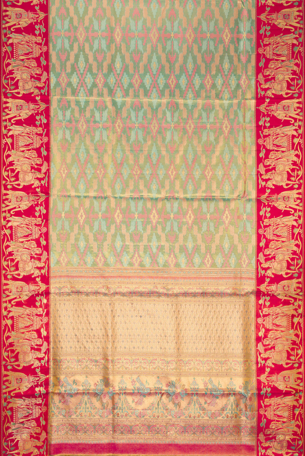 Flat view of Sea Green Dual Tone Kanjivaram Tissue Silk Saree with Zari Brocade on the body and Fancy Border. 