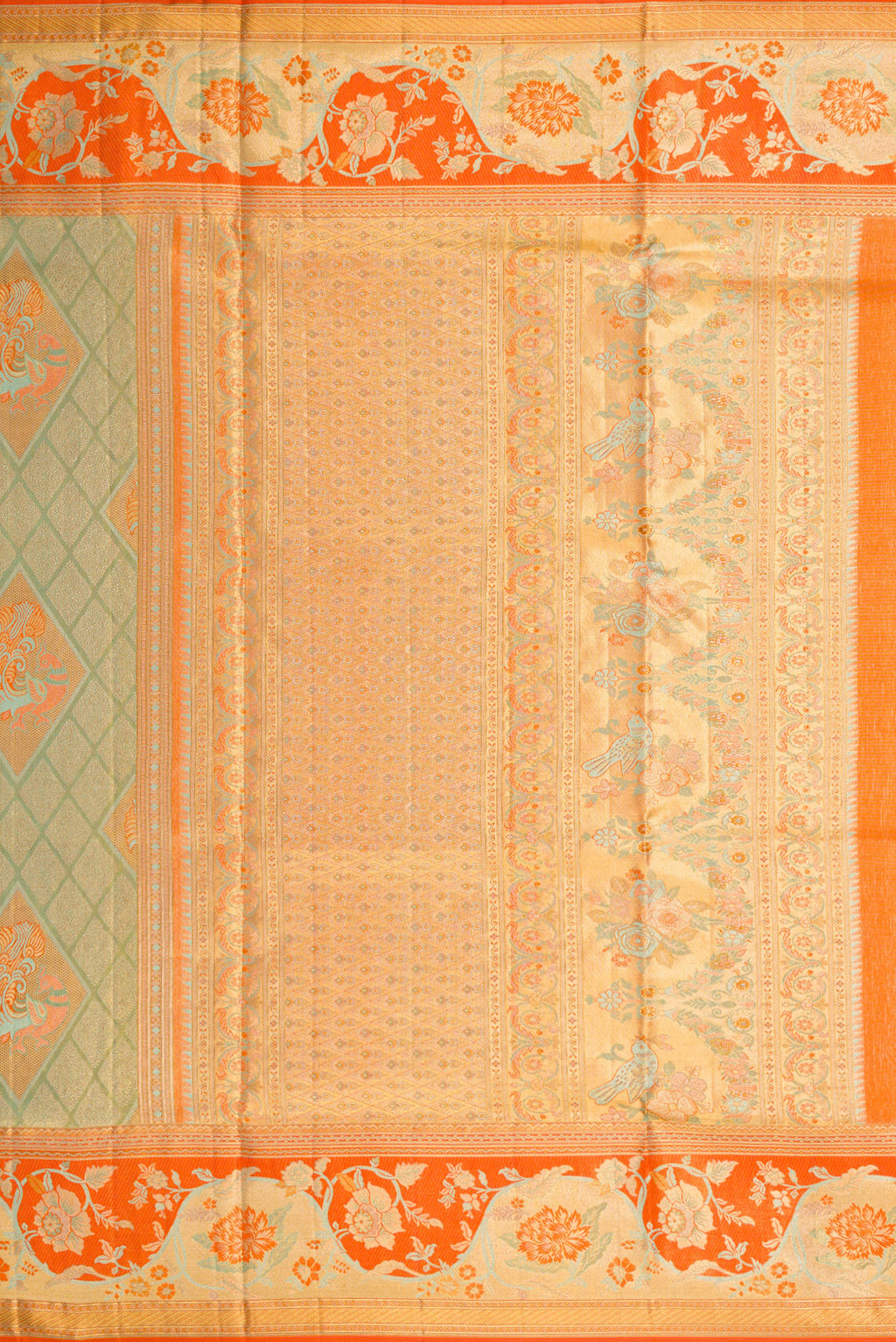 Close up image of the pallu of Light Green Dual Tone Kanjivaram Tissue Silk Saree with Zari Brocade on the body and Zari Border. 