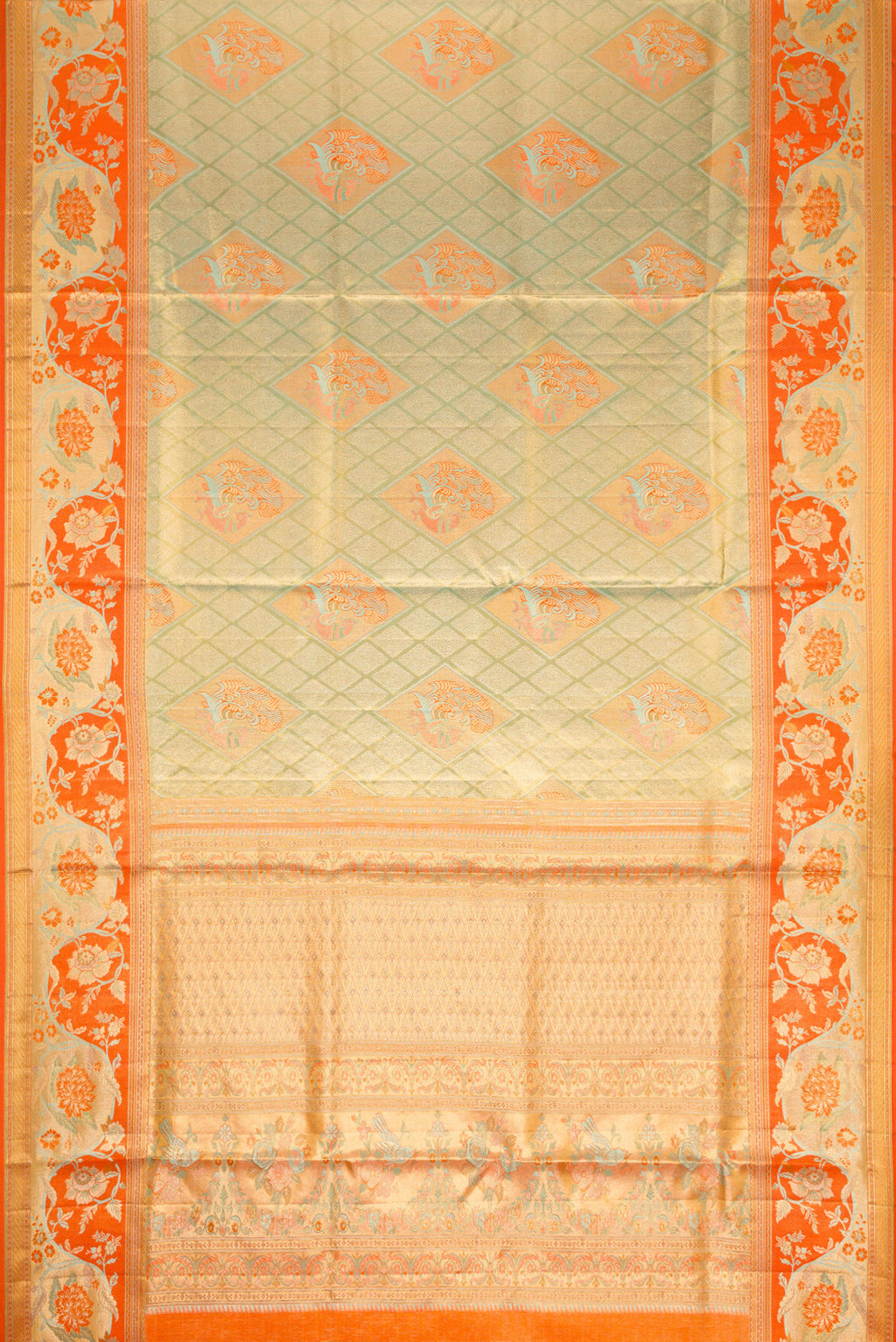 Flat view of Light Green Dual Tone Kanjivaram Tissue Silk Saree with Zari Brocade on the body and Zari Border. 