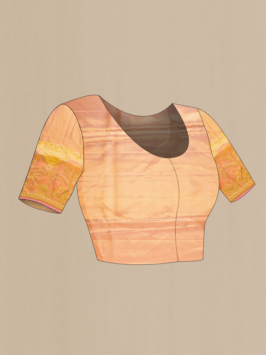 Close up image of the blouse of Yellow Dual Tone Kanjivaram Tissue Silk Saree with Zari Brocade on the body and Fancy Border. 