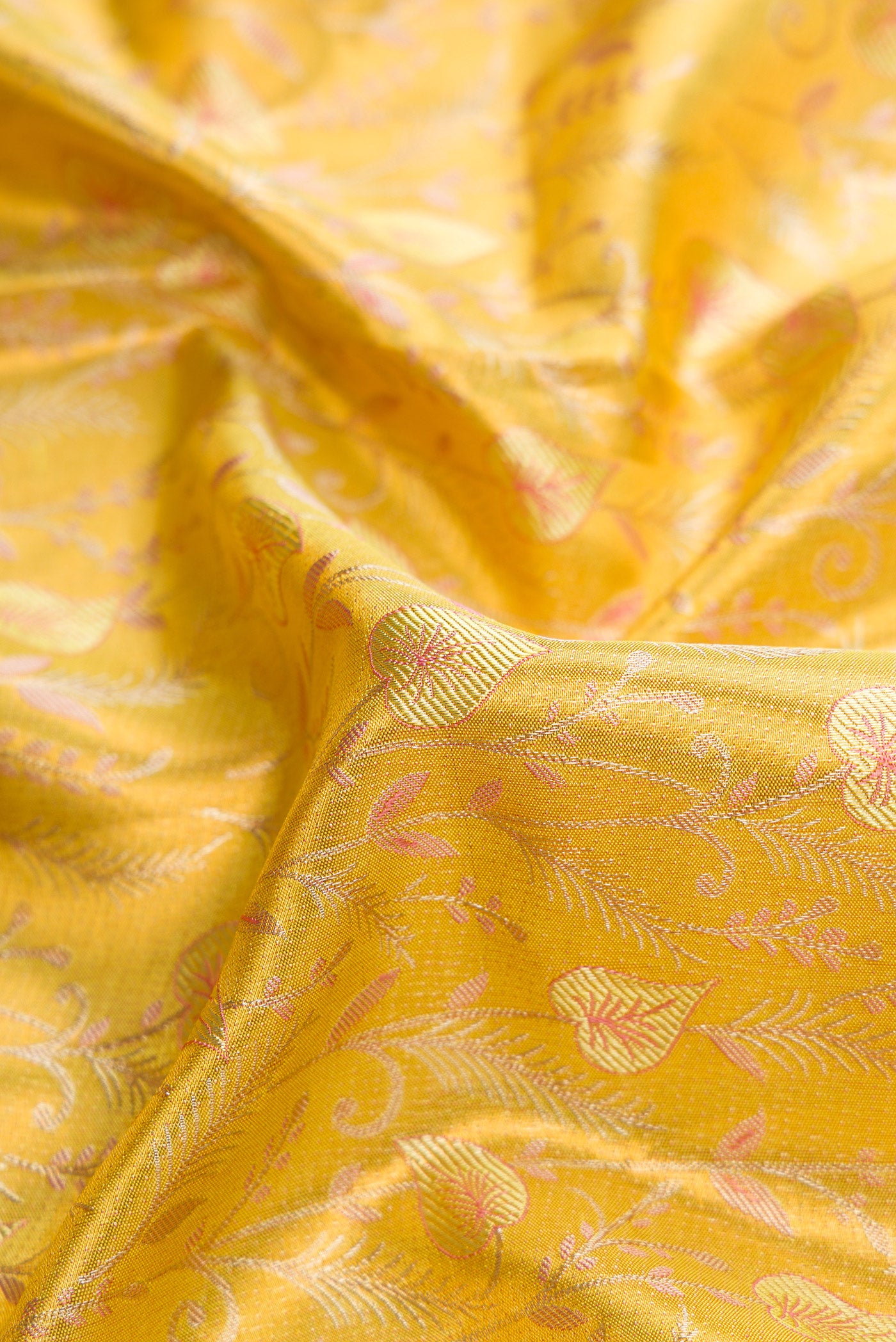 Close up of Yellow Dual Tone Kanjivaram Tissue Silk Saree with Zari Brocade on the body and Fancy Border.  displaying folds