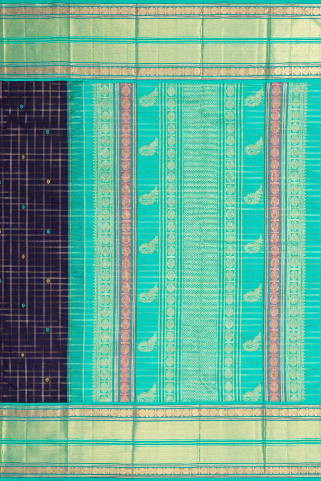 Close up image of the pallu of Royal Blue Dual Tone Kanjivaram Silk Saree with Zari Butta on the body and Zari Border. 