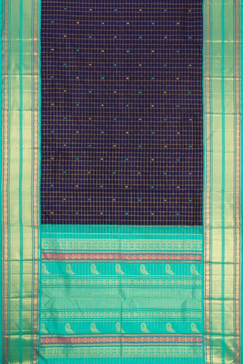 Flat view of Royal Blue Dual Tone Kanjivaram Silk Saree with Zari Butta on the body and Zari Border. 