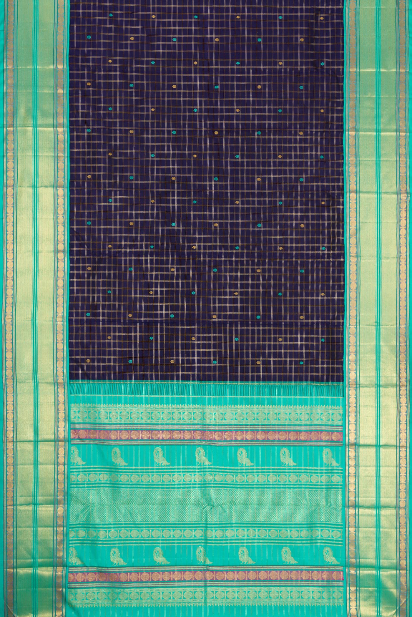 Flat view of Royal Blue Dual Tone Kanjivaram Silk Saree with Zari Butta on the body and Zari Border. 