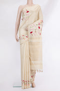 Beige Tussar Saree with Checked design on the body and Embroidered Border.  displayed on a mannequin