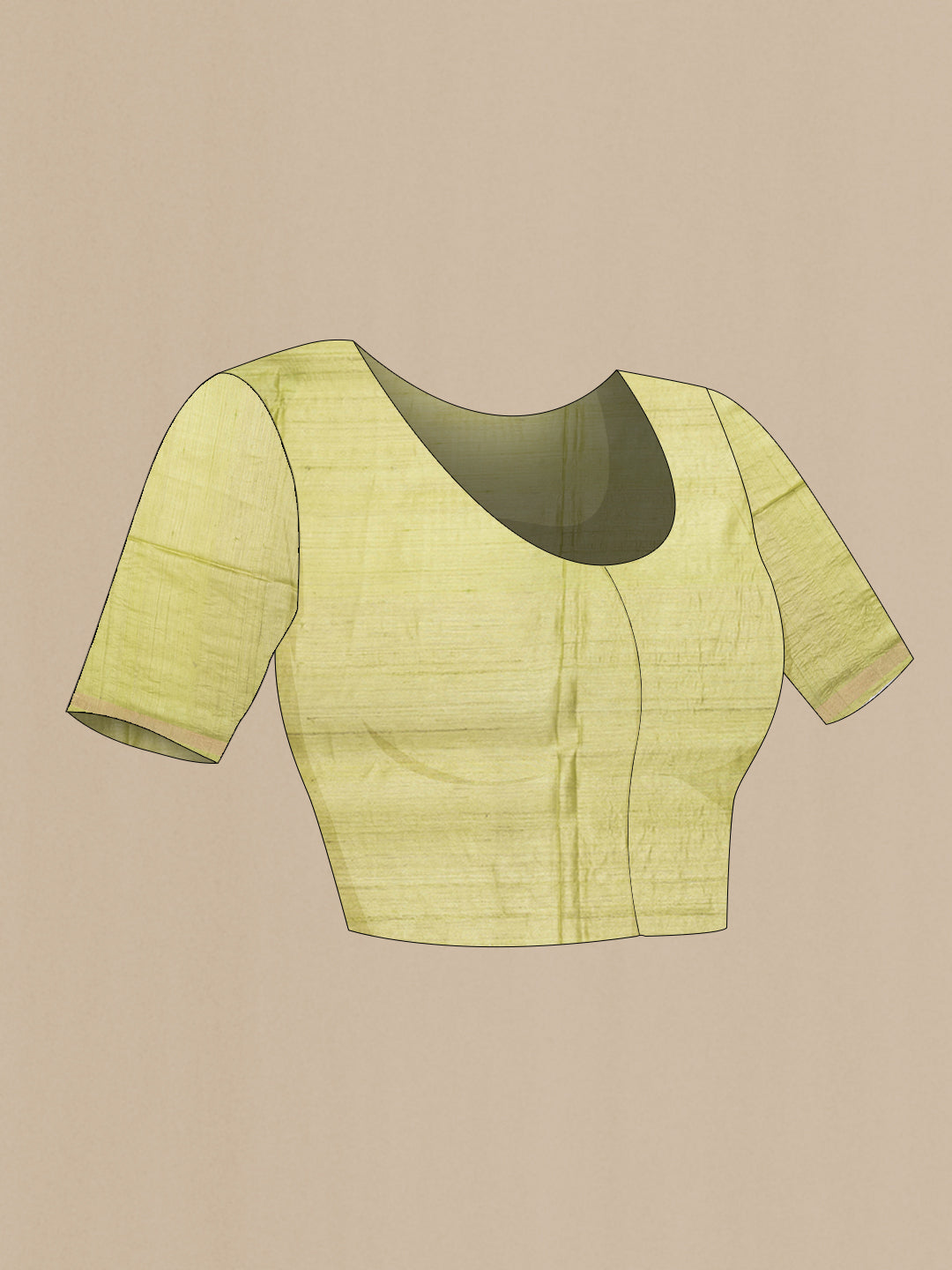 Close up image of the blouse of Pista Green Tussar Silk Saree with Plain Body and Embroidery Border. 