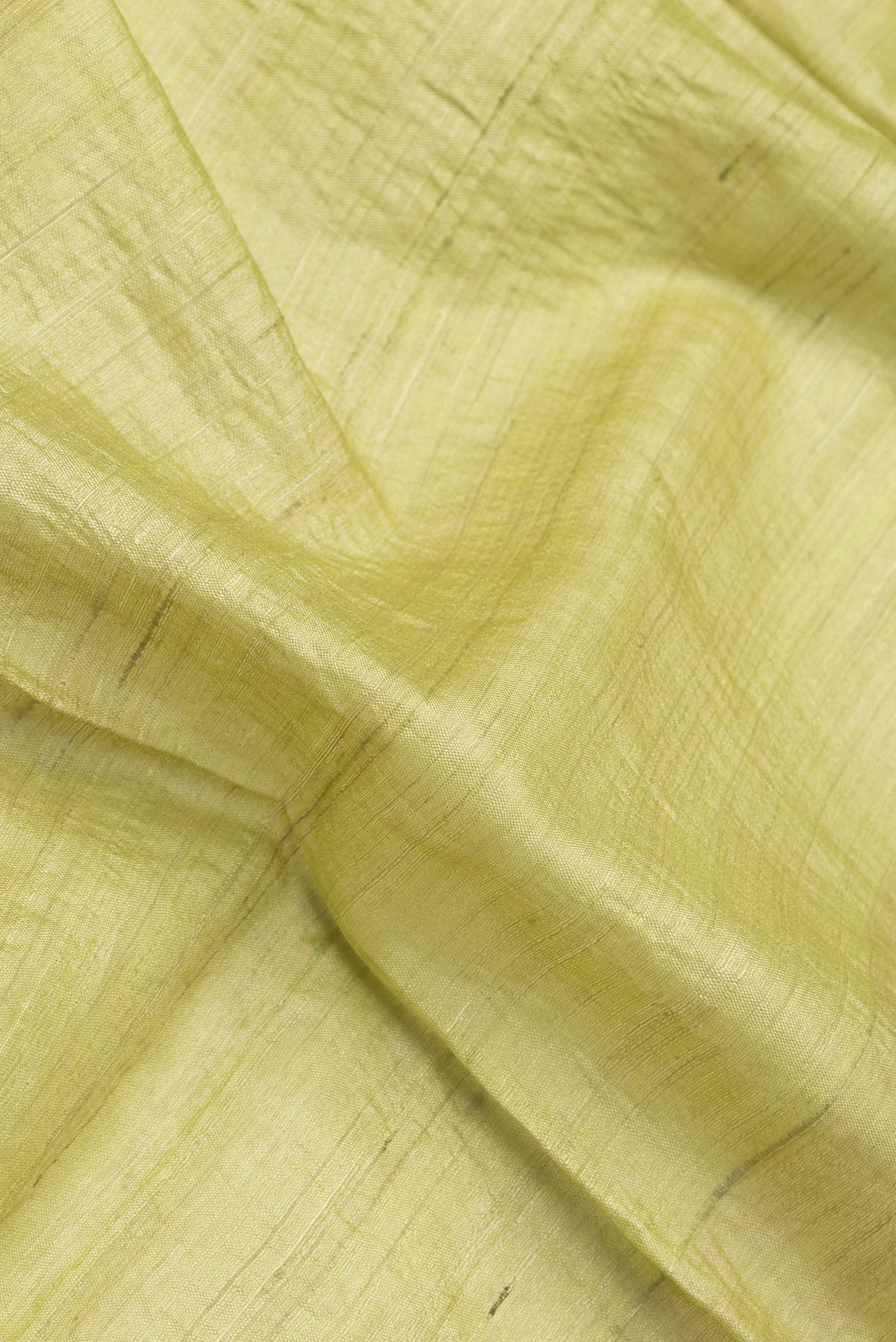 Close up of Pista Green Tussar Silk Saree with Plain Body and Embroidery Border.  displaying folds