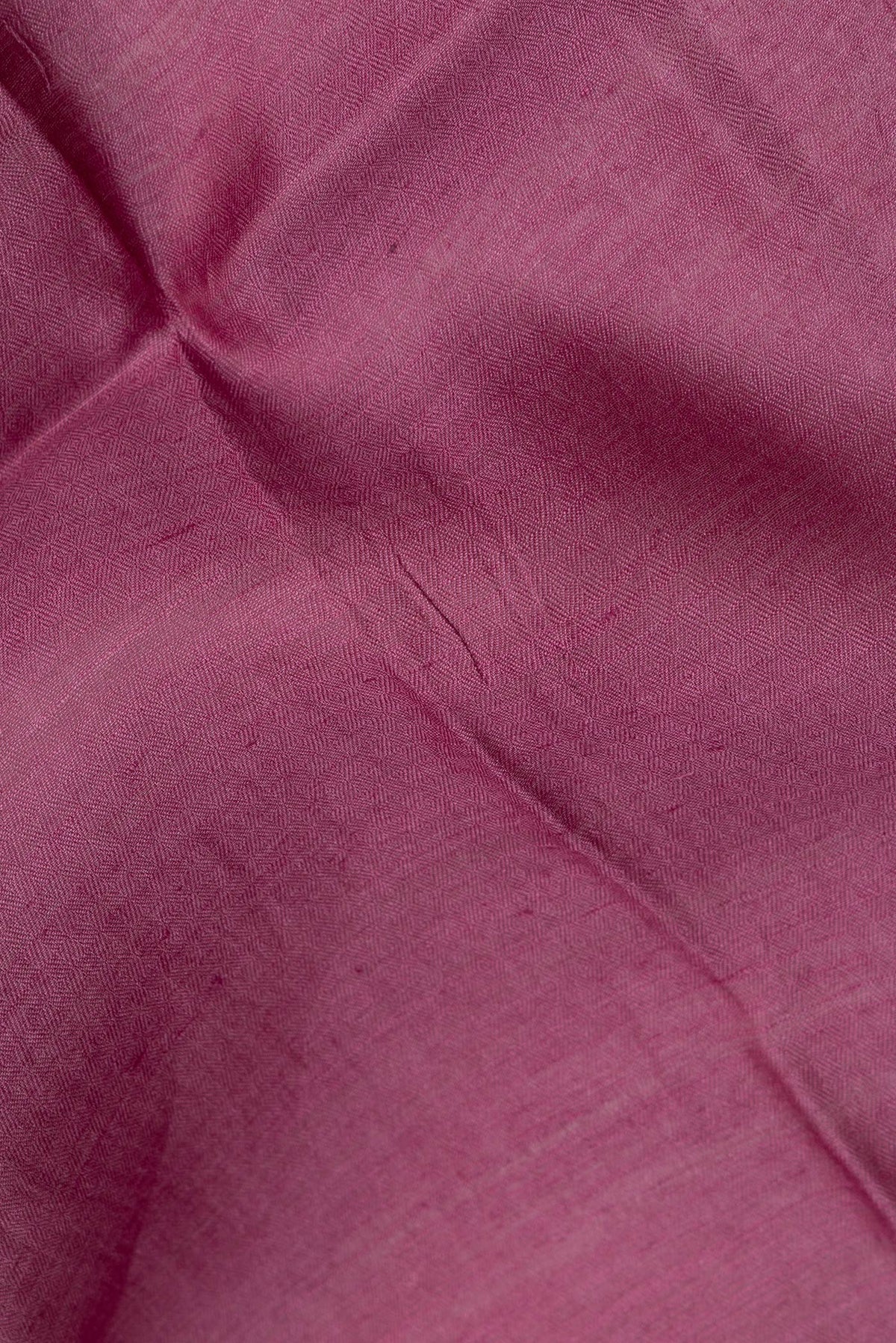 Close up of Pure Silk Mauve Tussar Saree with Plain Body and Embroidery Border.  displaying folds